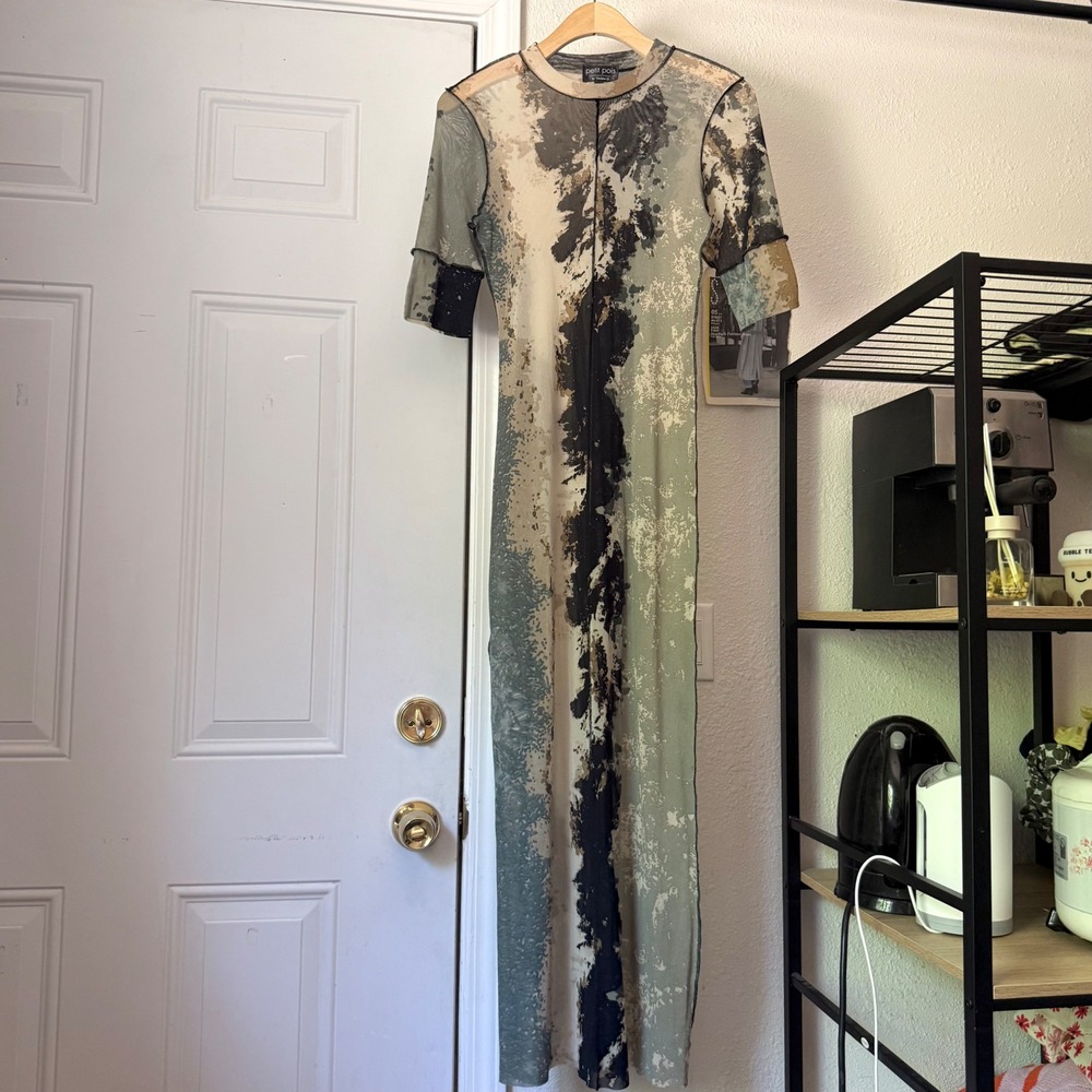 PETIT POIS BY VIVIAN G. multicolor mesh tie dye bodycon short sleeve sheer maxi